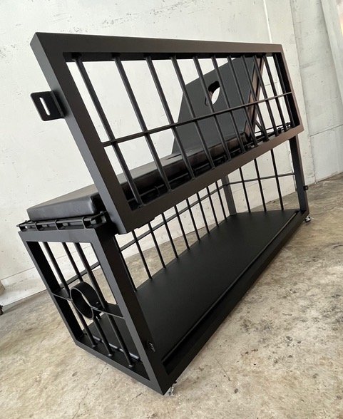 Multifunction Cage by Metalbound: a versatile metal cage designed for secure and adaptable bondage play, featuring multiple attachment points and configurations for various restraint options.