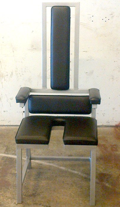 Multi-Ring Bondage Chair by Metalbound: a versatile and secure chair featuring multiple attachment rings for varied and intense restraint experiences.