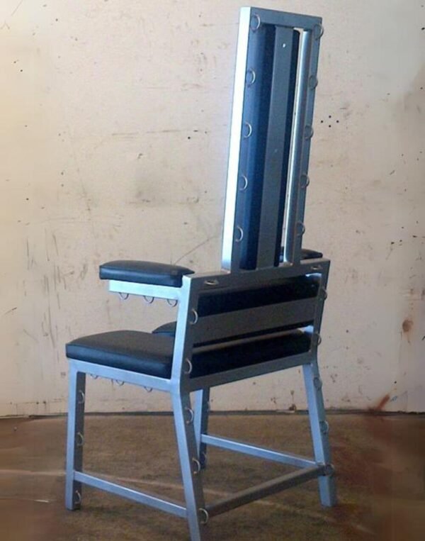 Multi-Ring Bondage Chair by Metalbound: a versatile and secure chair featuring multiple attachment rings for varied and intense restraint experiences.