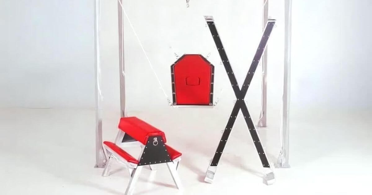 A series of black and red beginner BDSM furniture.