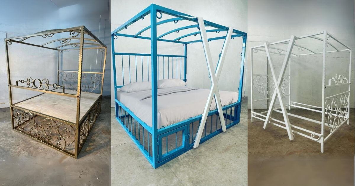 Custom BDSM furniture pieces. A blue happy family bed, a Spanish gold scroll bed, and a white scroll bed. Patrons are buying BDSM furniture.